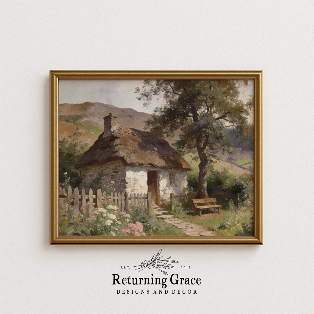 Vintage Cottage Art Print, Cottagecore Spring Landscape (Digital Download), Bench by the Cottage | Etsy (US)