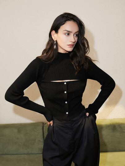 Cut Out Mock Neck Ribbed Knit Jumper | SHEIN