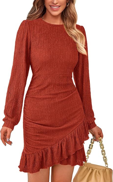 PRETTYGARDEN Women's Fall Ruched Bodycon Mini Dress Long Puff Sleeve Ruffle Fitted Cocktail Party... | Amazon (US)