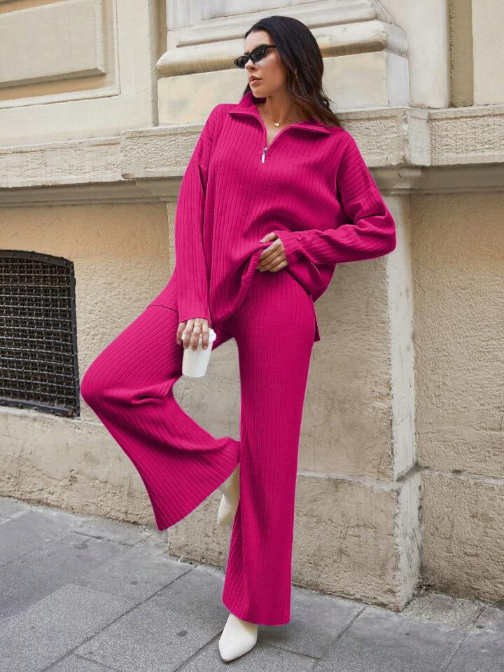 SHEIN Set Aus Pullover Mit Überschnittener Schulter, Reißverschluss, Halber Knopfleiste Und Ges... | SHEIN