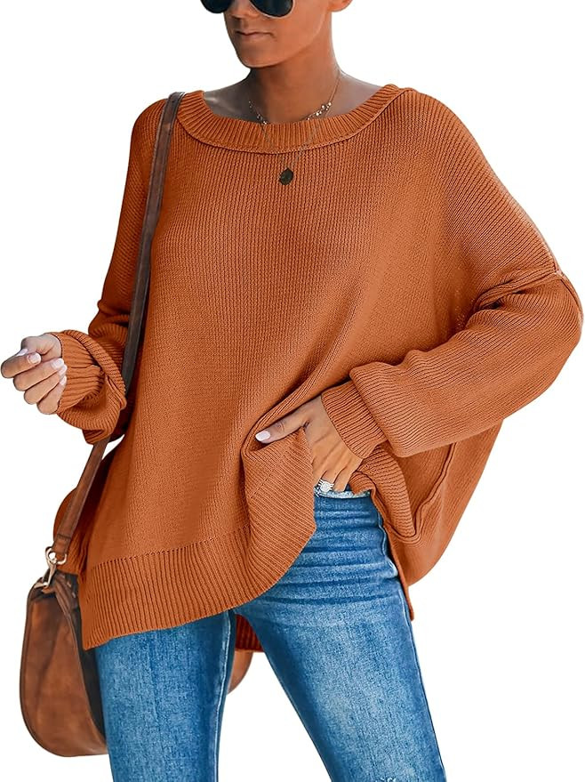 Kevavo Women Boat Neck Batwing Sleeve Oversized Side Slit Ribbed Knit Pullover Sweater Top | Amazon (US)