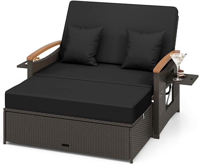 LDAILY Moccha Outdoor Wicker Daybed, Patio Rattan Loveseat Sofa w/ 4-Level Adjustable Backrest, F... | Amazon (US)