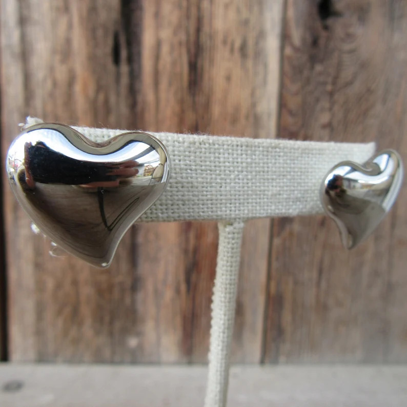 90s Earrings | Shiny Silver Tone Modernist Heart Earrings | Chunky Thick Heart Earrings  | Puff H... | Etsy (US)
