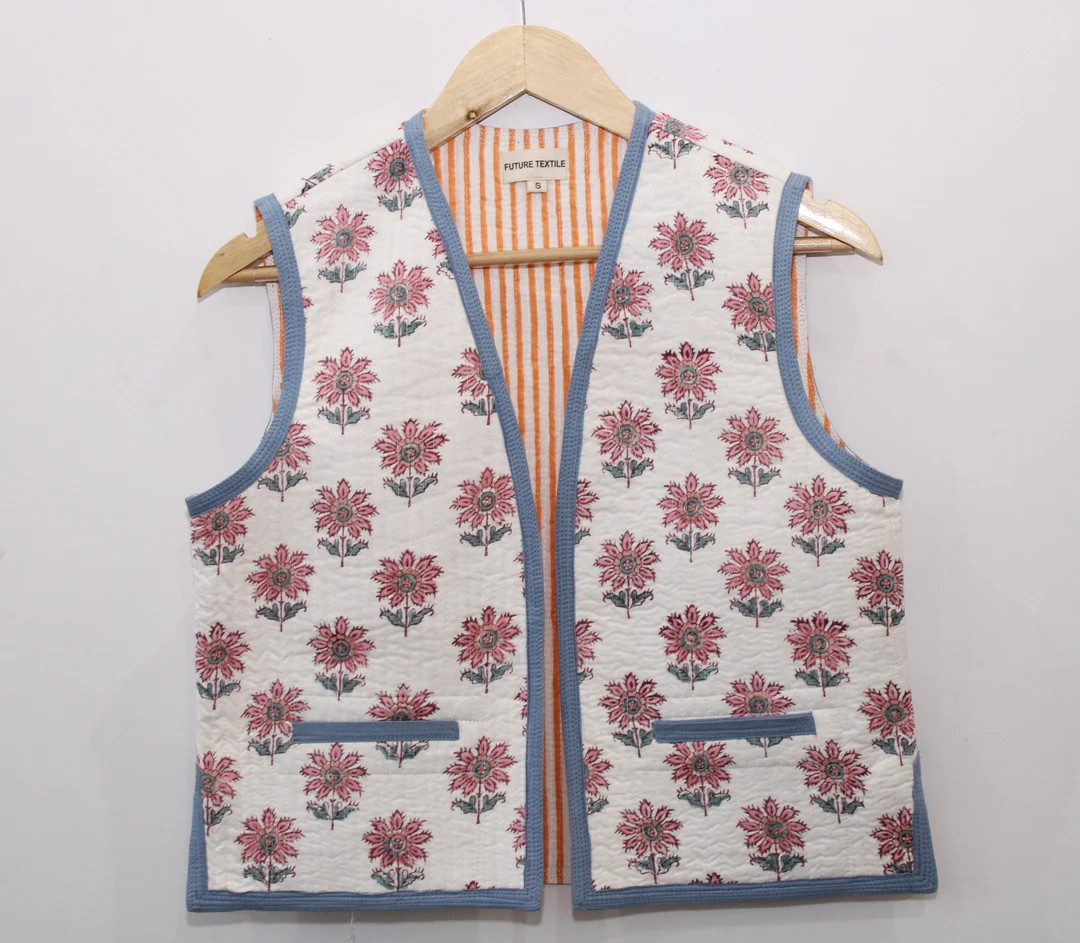 Cotton Vest, Block Print Vest Coat, Black Floral Printed Jacket, Women Wear Short Vest, Designer ... | Etsy (US)