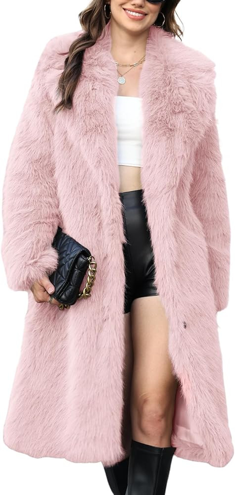 Gihuo Women' s Faux Fur Coat Lapel Collar Long Sleeve Furry Jacket Long Shaggy Jackets Open Front... | Amazon (US)