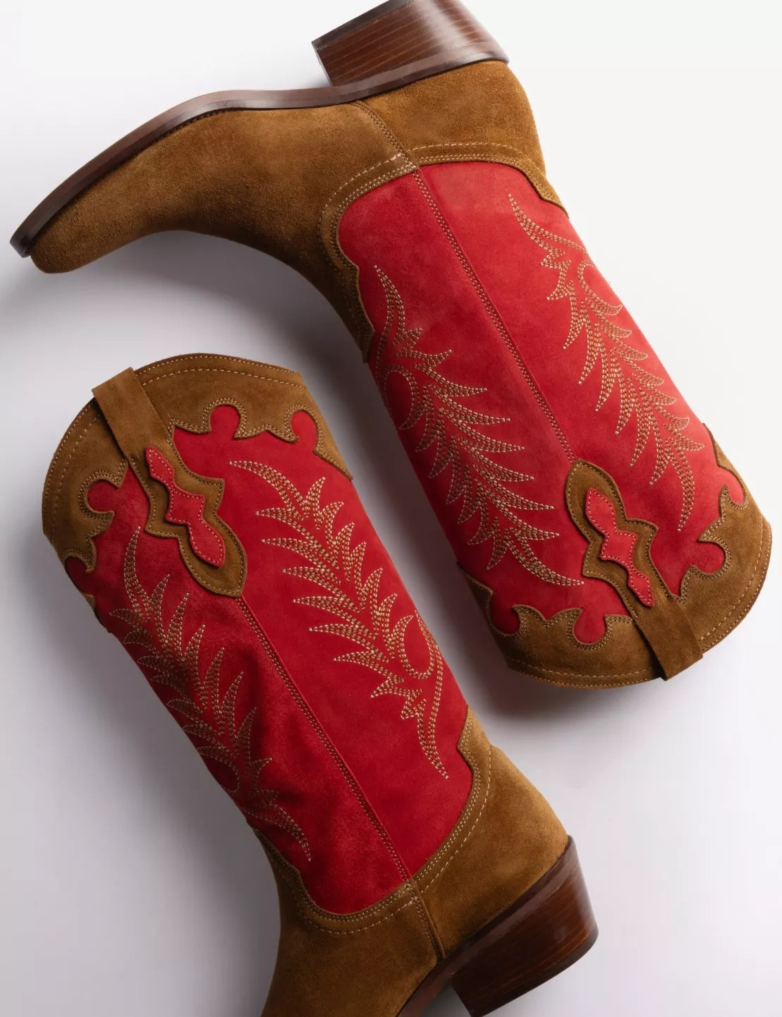 Jolene Suede Cowboy Boot - Peat/Red | Penelope Chilvers