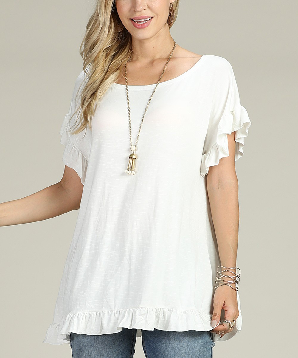 Suzanne Betro Women's Tunics 103white - White Ruffle-Trim Tunic - Women | Zulily