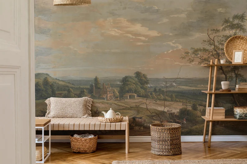 Tree and Hill Landscape Wallpaper, Peel and Stick Wallpaper, Rural Wallpaper, Watercolor Wallpape... | Etsy (US)