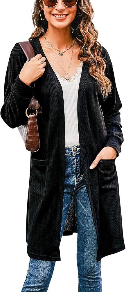 Hibluco Women's Long Sleeve Solid Color Button Down Knit Cardigans Outwear with Pockets | Amazon (US)