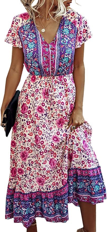 Angashion Women Dresses-Summer Casual Short Sleeve High Waist V Neck Floral Print Button Up Maxi ... | Amazon (US)