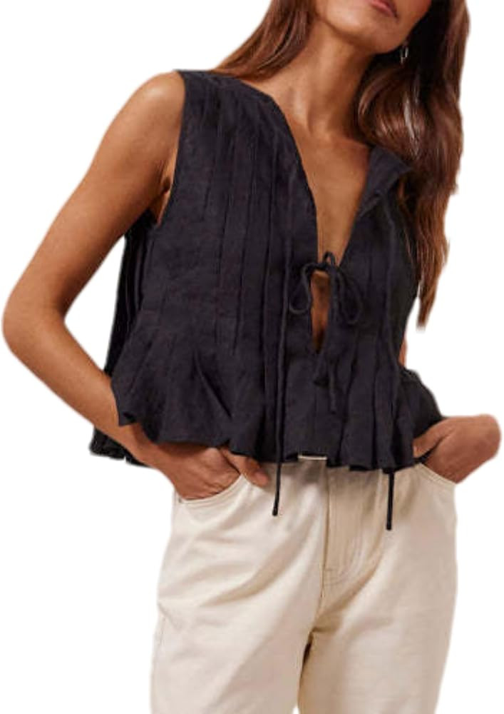 Zontroldy Women's Linen Tie Front Shirts Sleeveless Y2K Babydoll Ruffle Tank Top Aesthetic Clothe... | Amazon (US)
