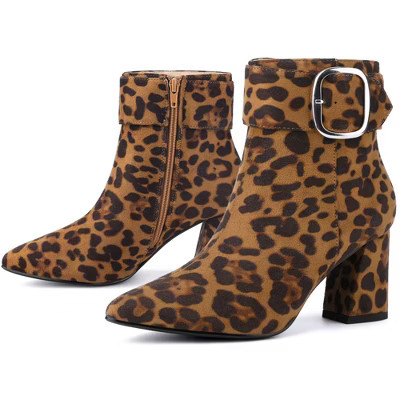 BLISSFUL STEP Square Buckle Chunky Heels Pointed Toe Ankle Booties for Women 9.5 Leopard | Target