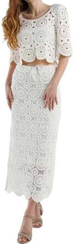 NIFTRIRY Two Piece Sets for Women Short Sleeve Crochet Top Hollow Out Lace Tops Maxi Skirt Set Be... | Amazon (US)