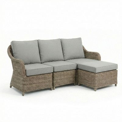 Martha Stewart Lily Pond Indoor-Outdoor Modular 3-Seat Patio Sofa with Ottoman in Weathered Gray Rattan Wicker with Gray All-Weather Cushions | Target