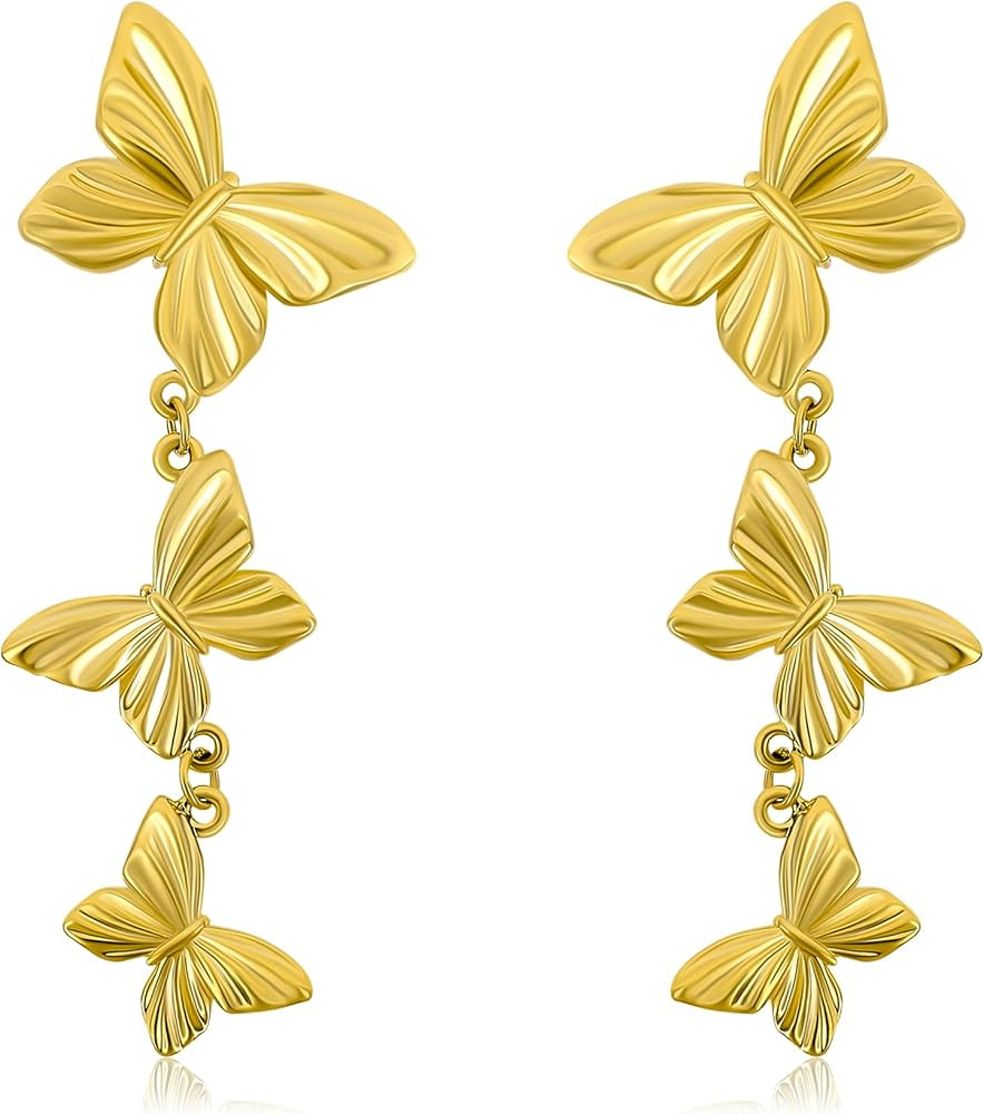 Dangle Gold Butterfly Earrings for Women 14K Gold Plated Long Dangling Triple Butterfly Earrings ... | Amazon (US)