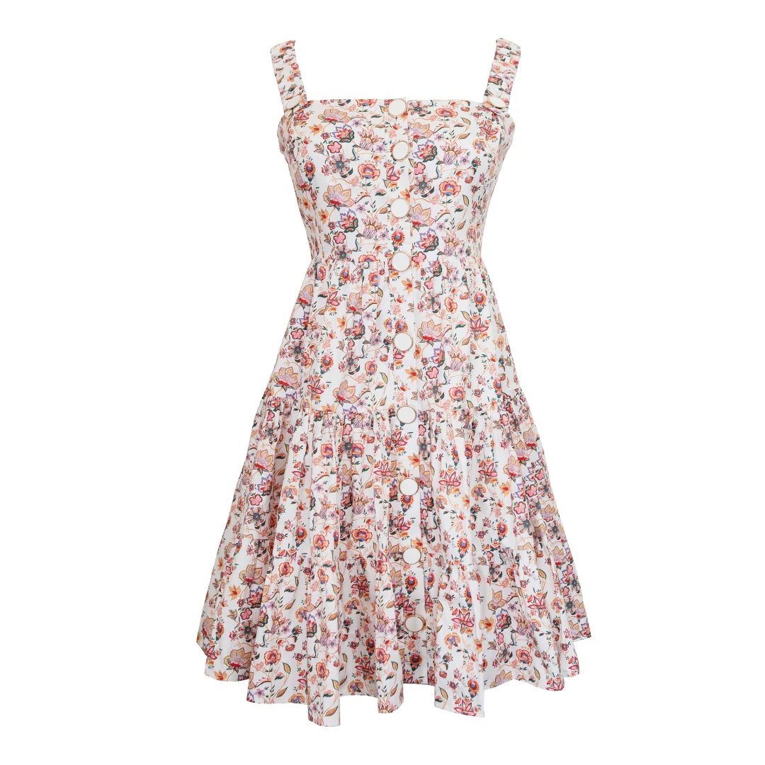 Tiered Button Detail Dress, Jacobean Cotton Poplin | The Avenue