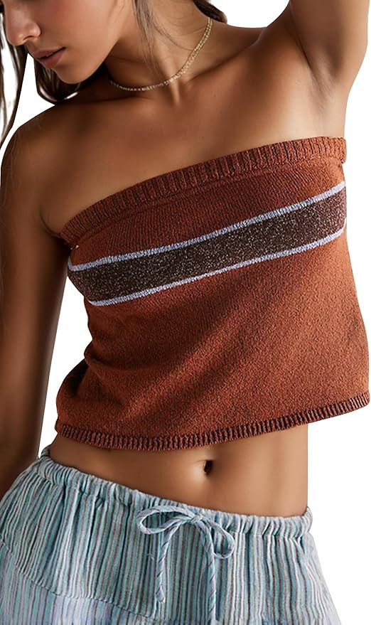 MISSACTIVER Women's Sexy Color Block Crop Sweater Tube Top Strapless Cropped Tank Striped Sleevel... | Amazon (US)