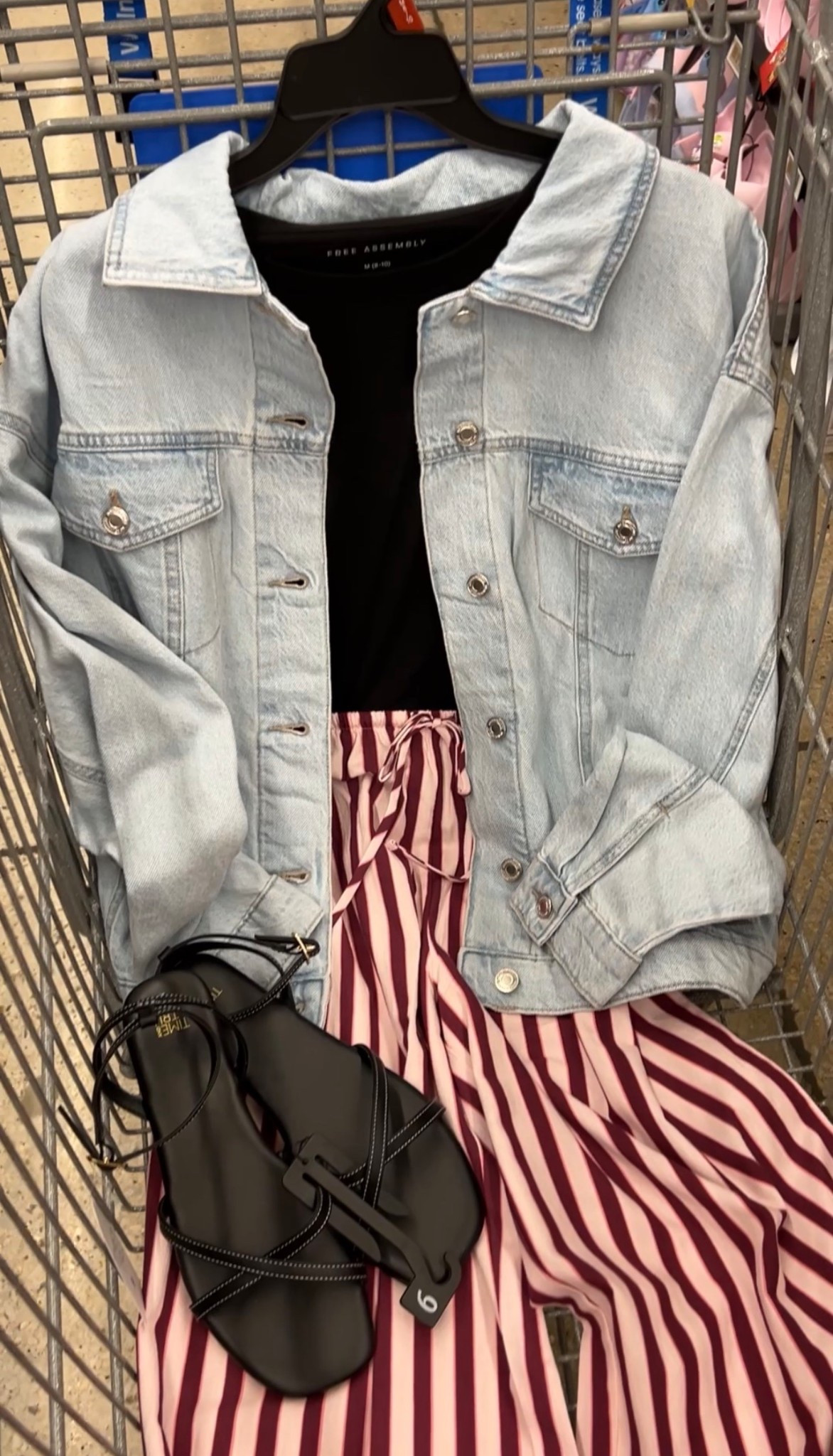 Walmart spring outfit idea with these $12.98 cotton stripe wide leg pants and $25 denim jacket. I went up one size to a medium in the pants and the jacket and the tee. Sandals go down half size if between. #walmartfashion 