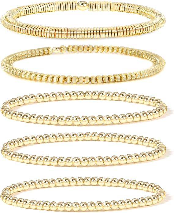 14K Gold Beaded Bracelets for Women,Dainty Gold Plated Chain Link Bracelet Stretchable Adjustable... | Amazon (US)