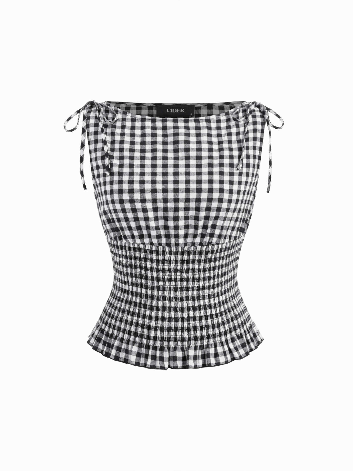 Woven 100% Cotton Boat Neck Gingham Shirred Lettuce Trim Knotted Tank Top For Daily Casual | Cider