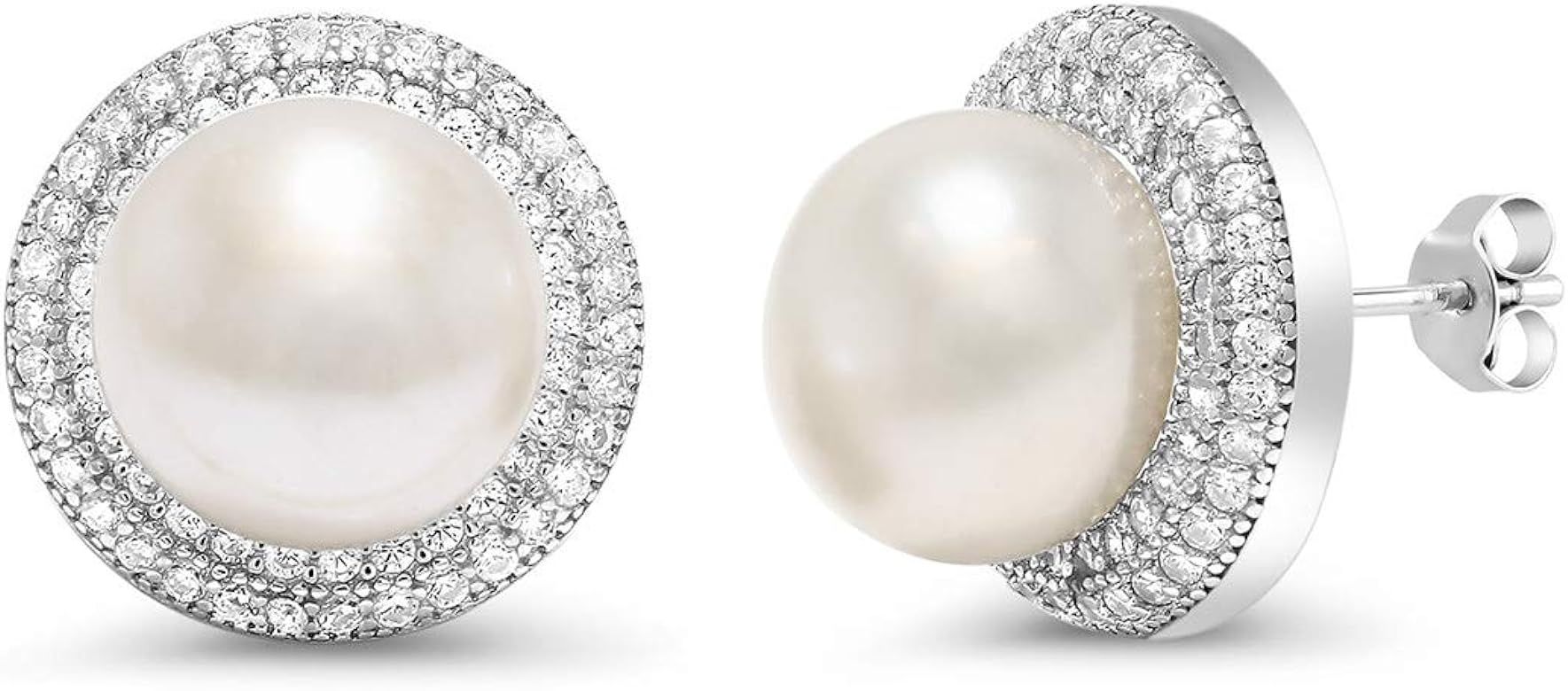 Gem Stone King 925 Sterling Silver 9MM Cultured Freshwater Pearl Button Stud Earrings For Women | Amazon (US)