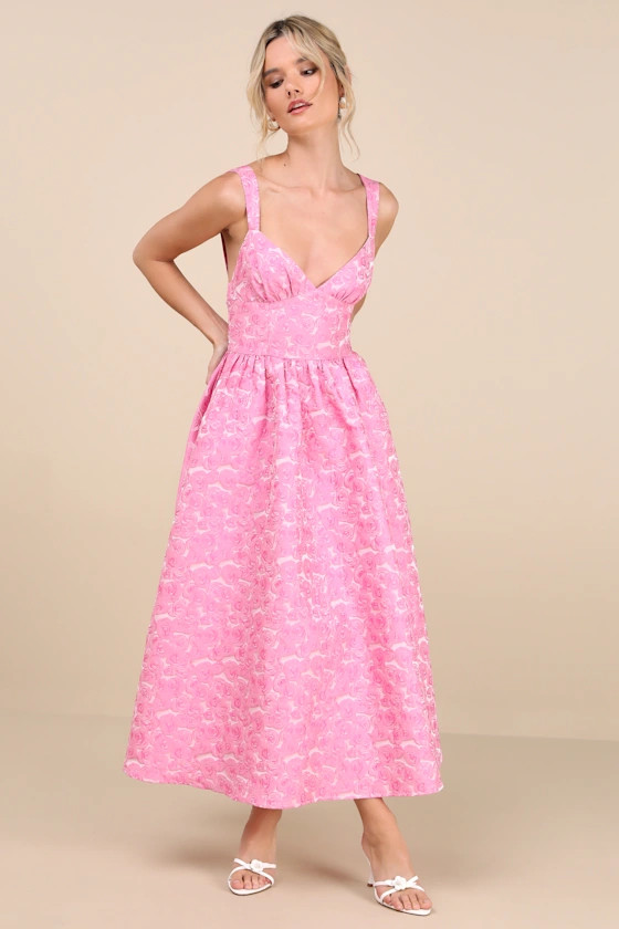 Rudra Pink Floral Jacquard A-Line Backless Midi Dress | Lulus