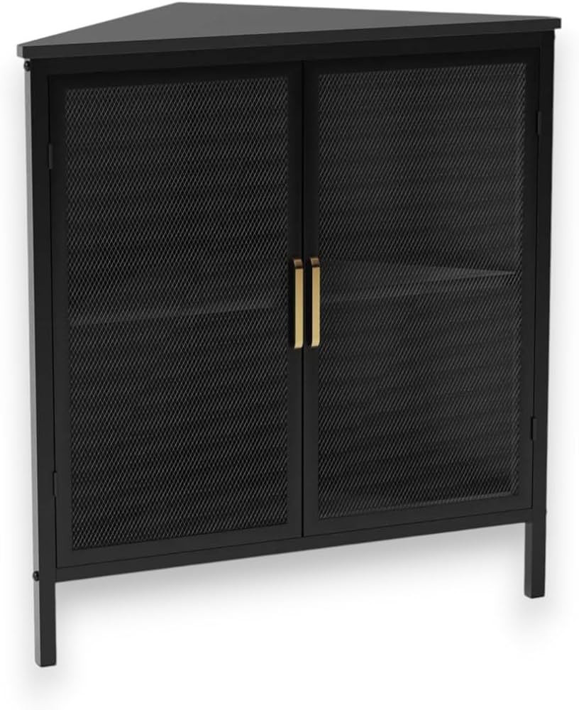 Black Mesh Corner Cabinet – Space-Saving V-Shaped Metal Storage Unit with Gold Handles, Modern ... | Amazon (US)