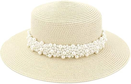ADAHOP Women Boater Straw Hat Outdoor Seaside Beach Sun Flat Top Sun Caps with Wide Pearl Decorat... | Amazon (US)