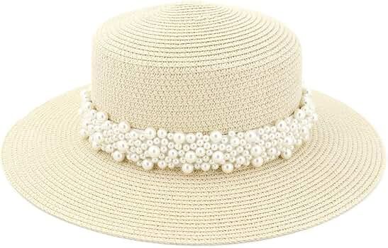ADAHOP Women Boater Straw Hat Outdoor Seaside Beach Sun Flat Top Sun Caps with Wide Pearl Decorat... | Amazon (US)