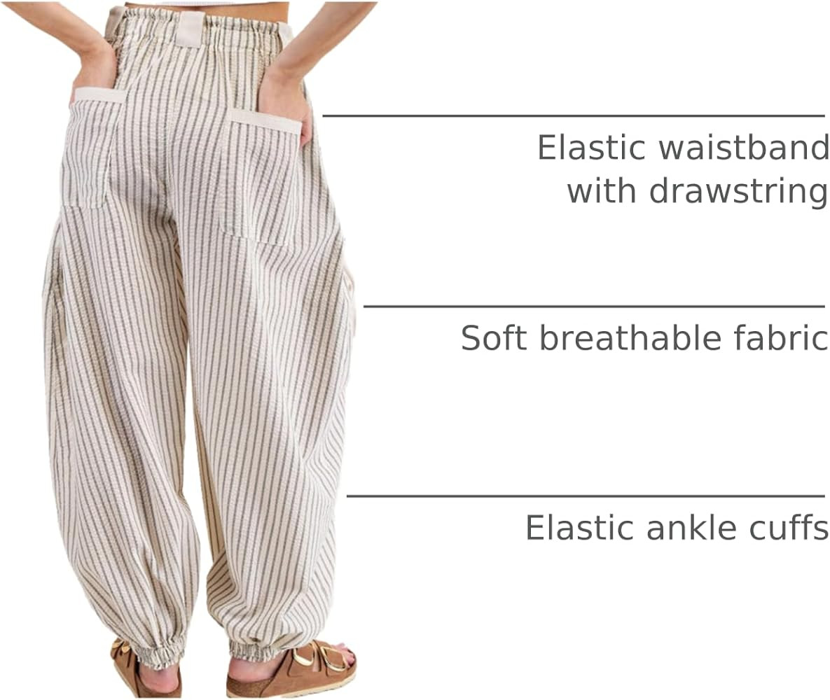 Women Drawstring Striped Pants Loose Wide Leg Casual Lounge Pants with Pockets | Amazon (US)