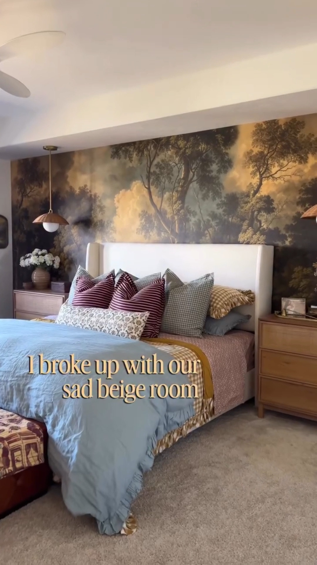 Step 1 in making our bedroom more bold, more cozy, more enjoyable to be in. We have had so many other priorities to get to in our home first that our bedroom took the back burner on getting to the end state I want. And honestly I’m happy about that because it allowed me to figure out what I wanted. Our room was just plain when we moved in, always felt unfinished, but now we are finally getting there. Still a lot to do in this space, but the wallpaper and colorful bedding has done wonders already!! 

Stay tuned for the full DIY on installing this beautiful wallpaper! 

#cozybedroom #colorfulhomedecor #muralwallpaper #wallpaper #boldcolors