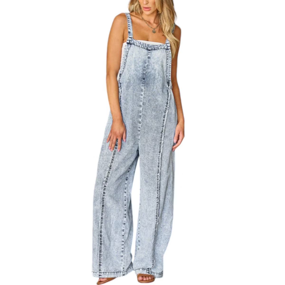 Amaryllis Women Acid Wash Denim Overalls Relaxed Fit Adjustable Straps Wide Leg Seam Detail Casua... | Target