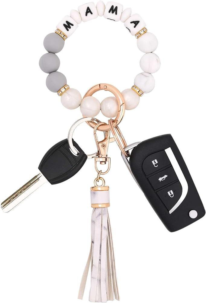 BAOSIWA Silicone Beaded Bracelet Keychain Wristlet Key Ring Bangle Chains for Women with Leather ... | Amazon (US)