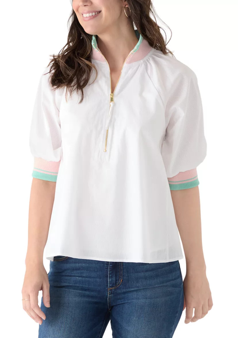 Women's Puff Sleeve Collar Zip Up Striped Top | Belk