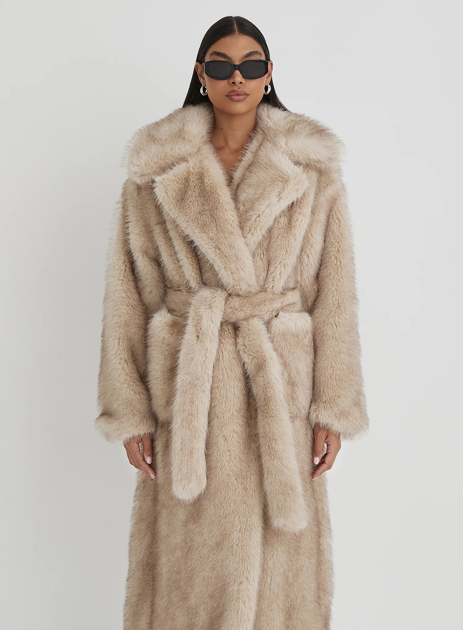 Beige Faux Fur Oversized Tie Waist Maxi Coat- Schiffer | 4th & Reckless
