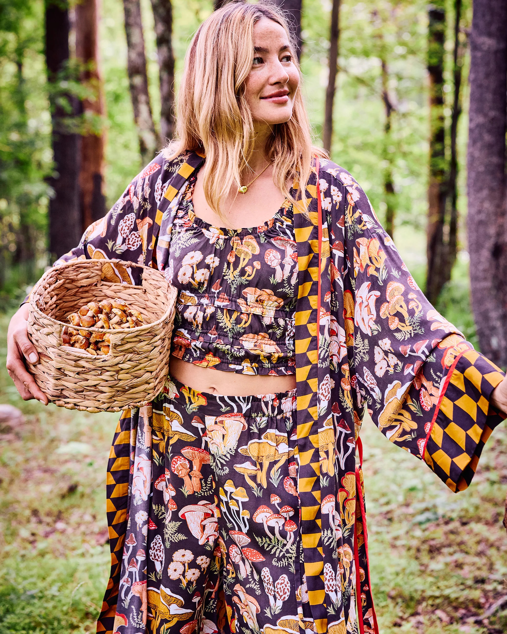 Mushroom Medley - Eco Satin Robe - Truffle | Printfresh