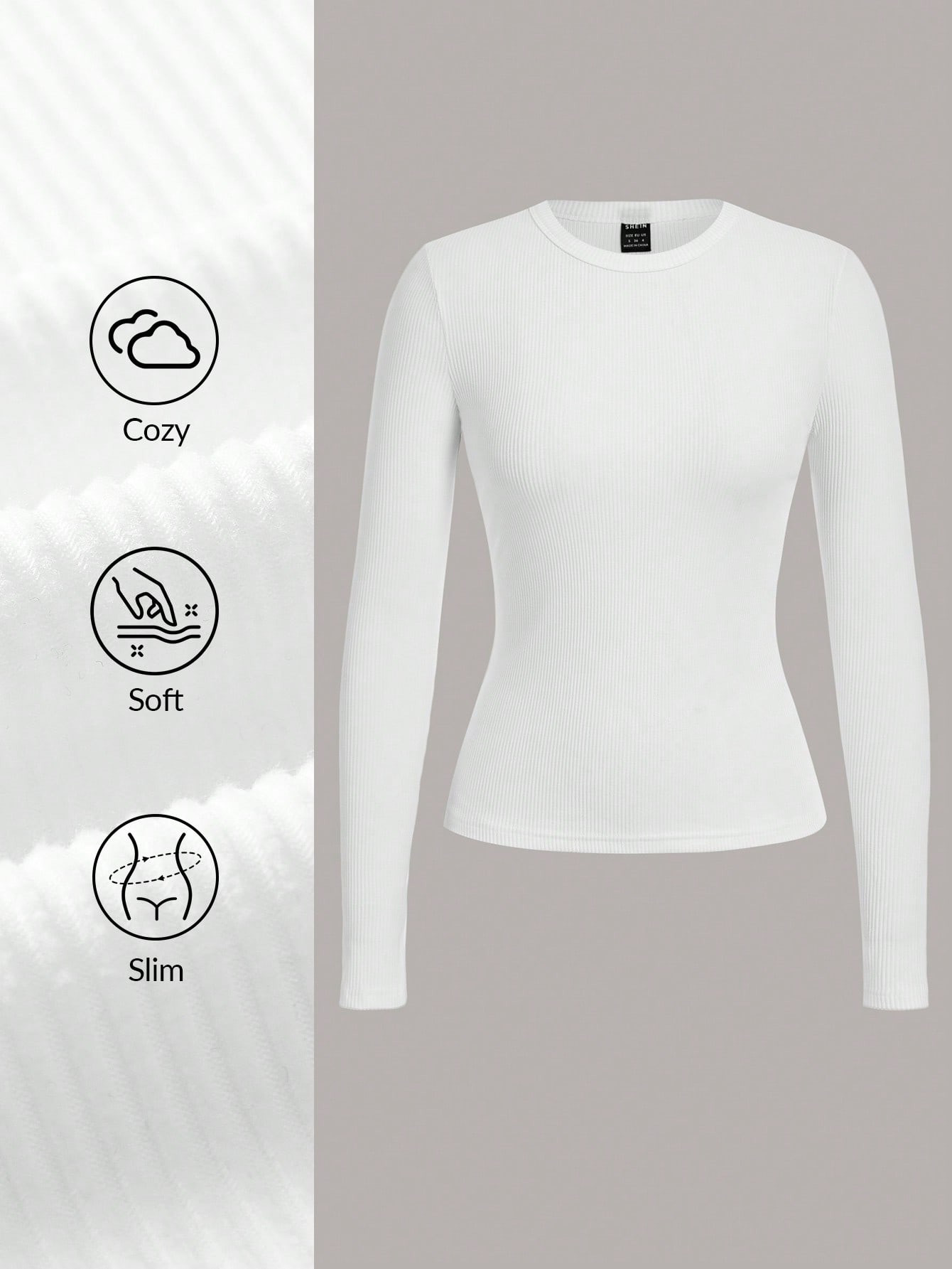 SHEIN BASICS Women Casual Solid Color Knitted Crew Neck Long Sleeve Regular Fit T-Shirt | SHEIN