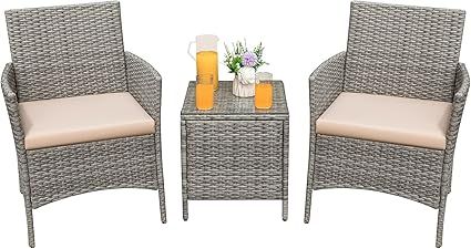 Greesum GS-3RCS4BG 3 Pieces Outdoor Patio Porch Furniture Sets, PE Rattan Wicker Chairs with Tabl... | Amazon (US)