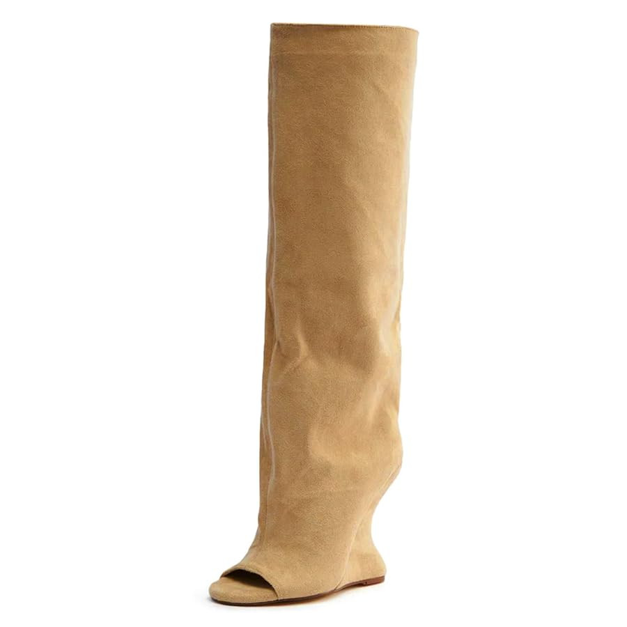 Yishaweiqi Suede Knee High Boots for Women Peep Open Toe Wide Calf Wedge Pull On Summer Boots | Amazon (US)