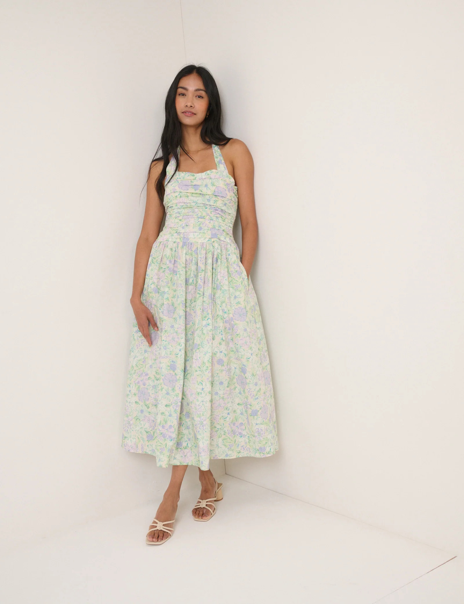 White Floral Halterneck Lilah Midi Dress | Nobody's Child