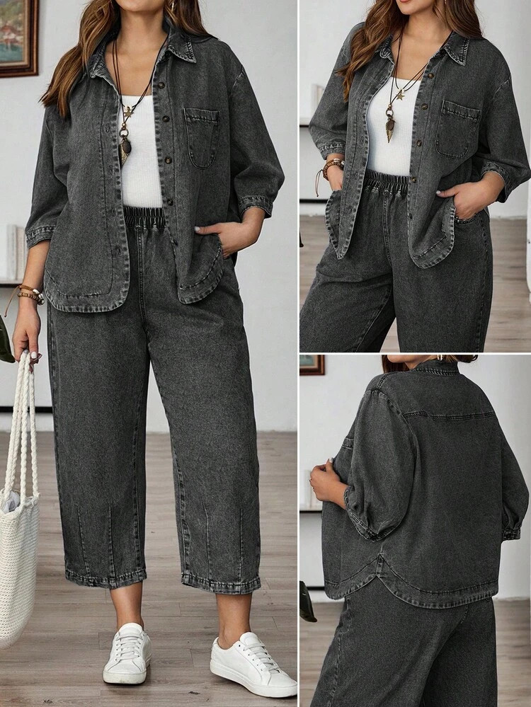 EMERY ROSE Plus Size Women Casual Button-Up Denim Blouse | SHEIN