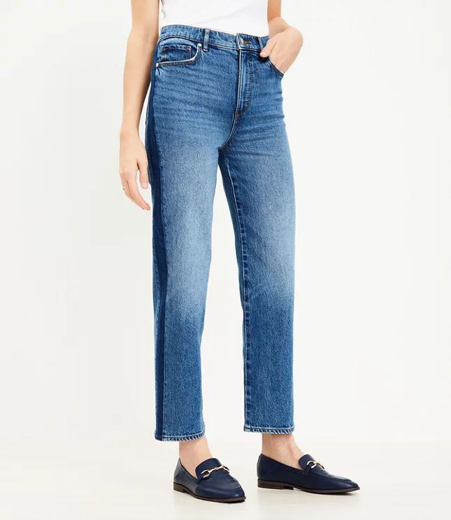 Side Stripe High Rise Straight Jeans in Vintage Mid Indigo Wash | LOFT