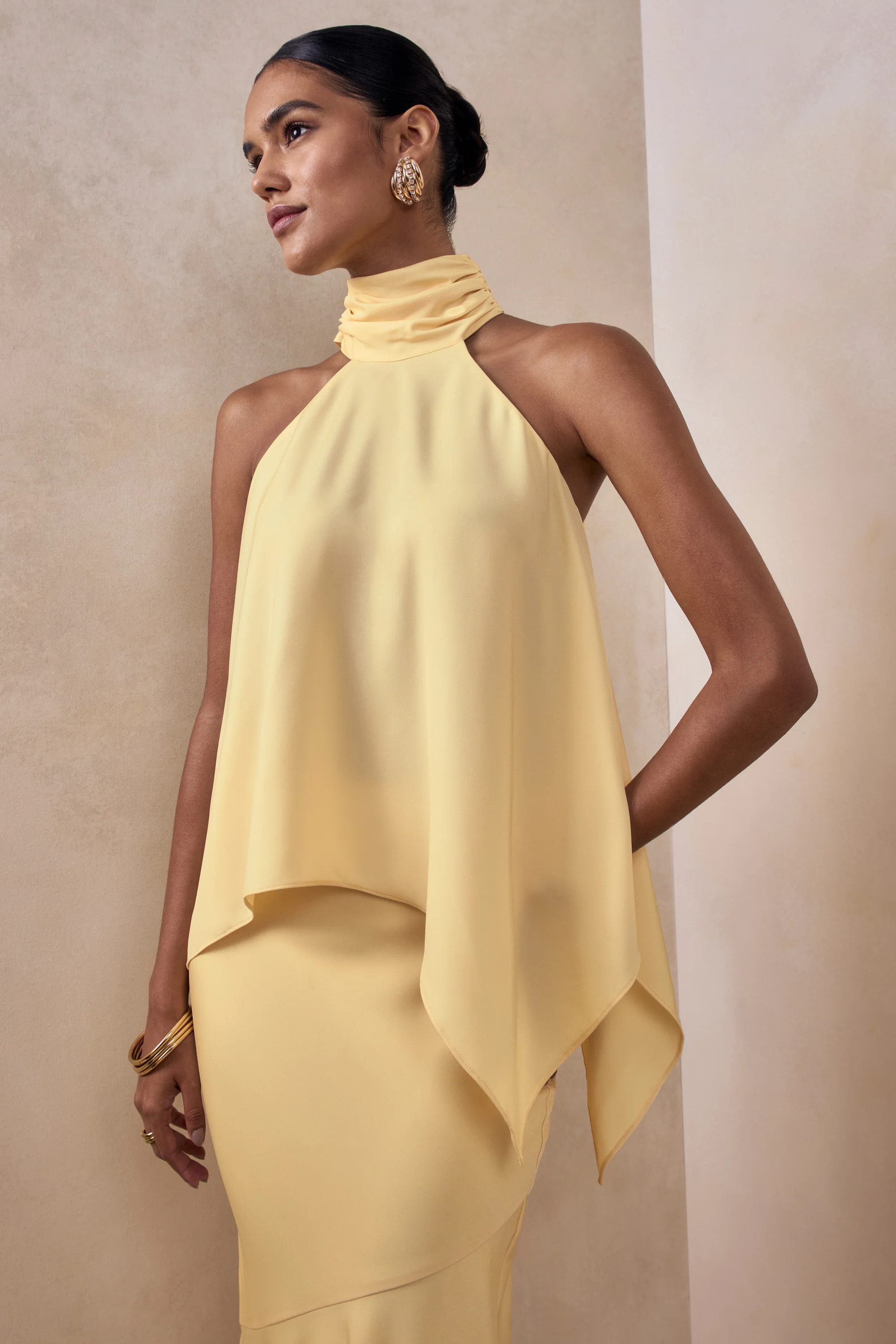 Sancelle | Lemon Matte Satin Halter-Neck Top | Club L London