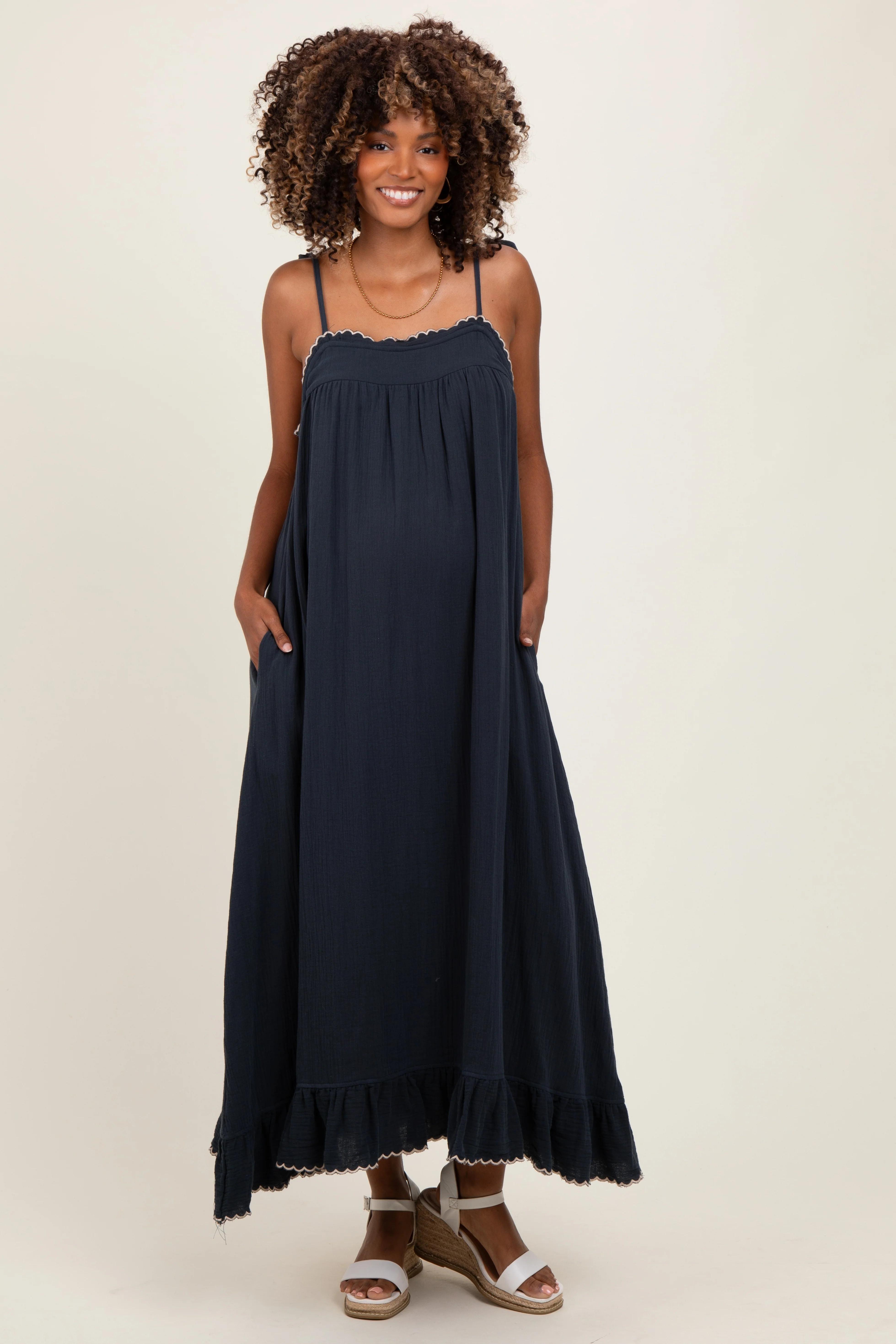 Navy Scallop Trim Shoulder Tie Maternity Maxi Dress - Small | PinkBlush Maternity