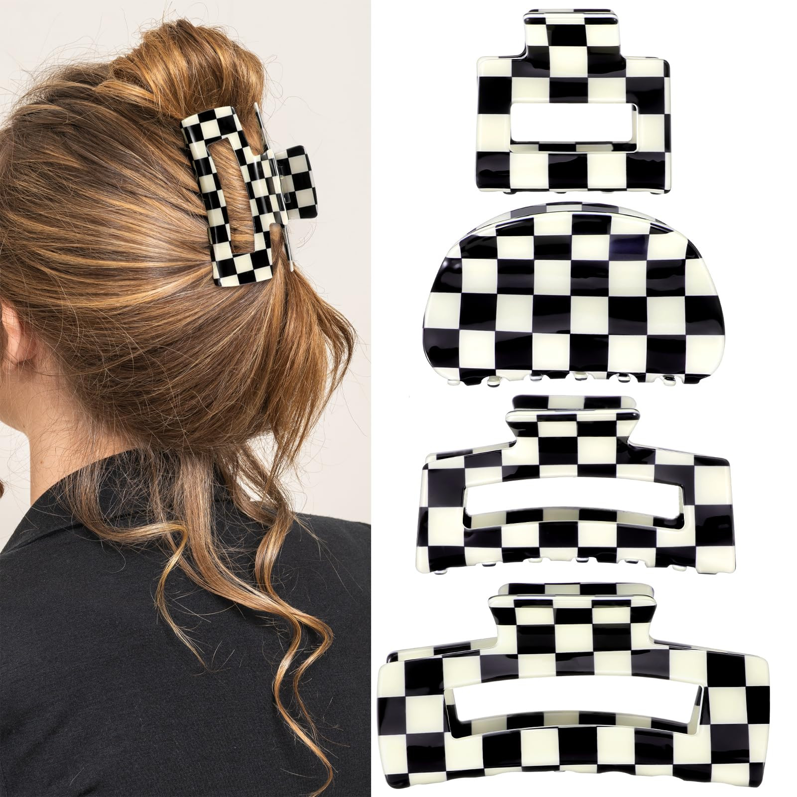4Pcs Checkered Hair Claw Clips, Non-Slip Hair Jaw Clips for Thick, Thin, Curly, Straight, Long Ha... | Amazon (US)