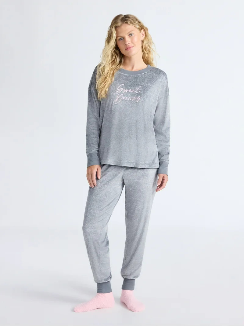 Joyspun Women’s Stretch Velour Long Sleeve Top, Pants, and Socks Pajama Set, 3-Piece, Sizes XS-... | Walmart (US)