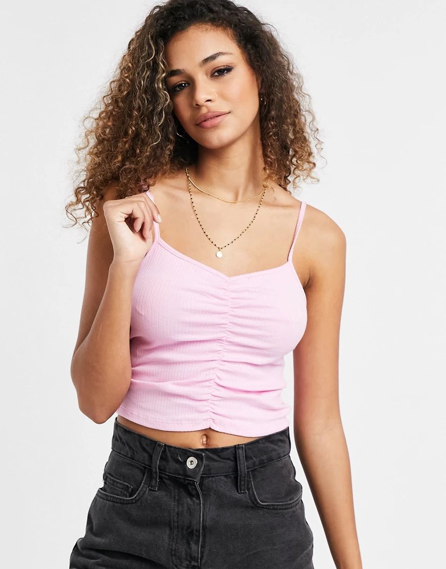 ASOS DESIGN crop cami with ruched front in rib in pink | ASOS (Global)