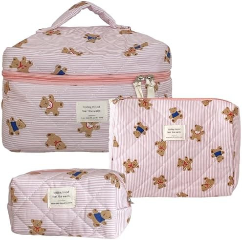 Make Up Bag Set of 3 Quilted Make Up Bags for women Cute Cotton Cosmetic Bag Pink Striped Bear Ma... | Amazon (US)
