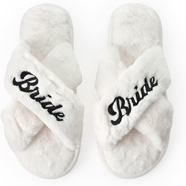 xo, Fetti Bride Slippers, White Fur | Bachelorette Party Decorations, Wedding Day Sandals, Brides... | Amazon (US)