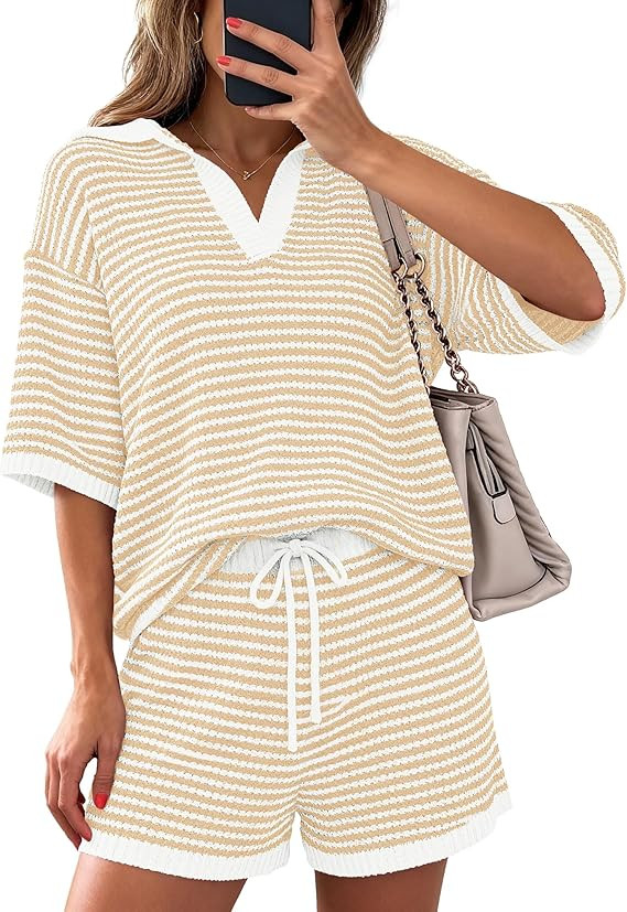 PRETTYGARDEN Women 2 Piece Lounge Sets Short Sleeve V Neck Striped Tops Drawstring Short Sets Bea... | Amazon (US)